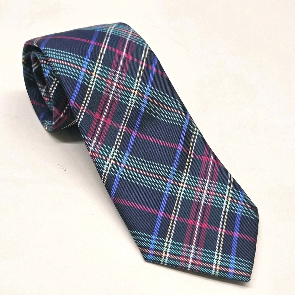 Ted Baker London Silk Tie Plaid Navy Magenta Designer Old Money Preppy Italy 3"W